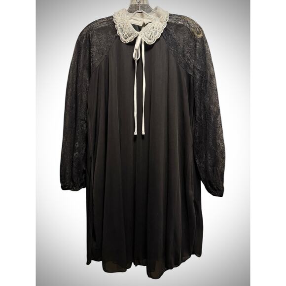 ASOS Black Chiffon Swing Dress Lace Sleeves Embellished Peter Pan Collar Sz 6 - Picture 2 of 6